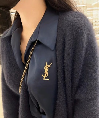 YSL Sculpted Gold Monogram Brooch