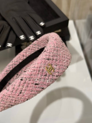 Chanel Tweed Gold Accent Headband – Black & Pink Elegant Luxury Fashion Accessory