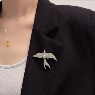 CHANEL Silver Swallow Wing Embellished Brooch